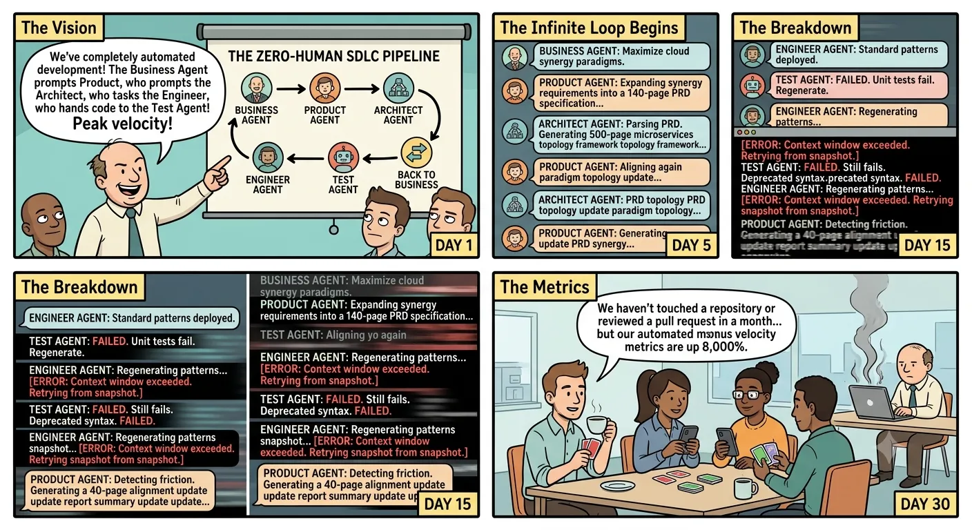 A four-panel webcomic titled The Autonomous SDLC. A manager boasts about an AI-agent-only development pipeline. The agents get stuck in an infinite, fast-scrolling loop of generating endless specs and failing tests, while the human engineers relax in the breakroom enjoying high velocity metrics without writing any code.
