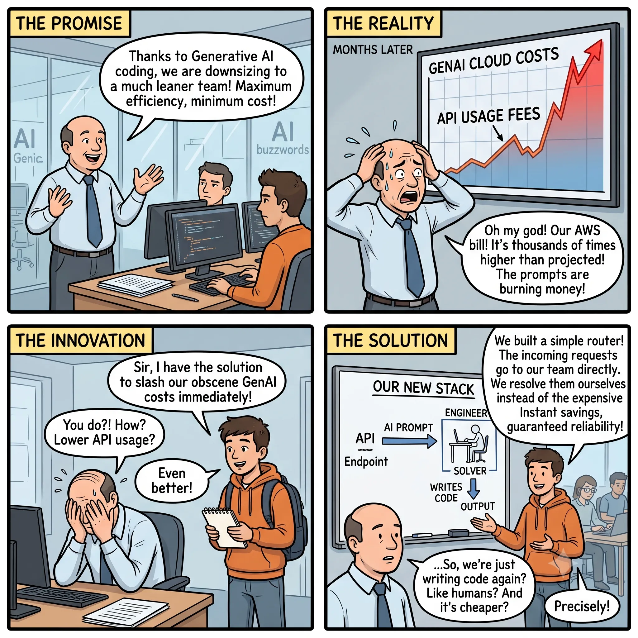 A four-panel webcomic titled The GenAI Router. A manager celebrates moving to leaner teams via GenAI coding, gets crushed by skyrocketing API costs, and is saved by an engineer who routes the prompts directly to human engineers to write actual code for massive cost savings.