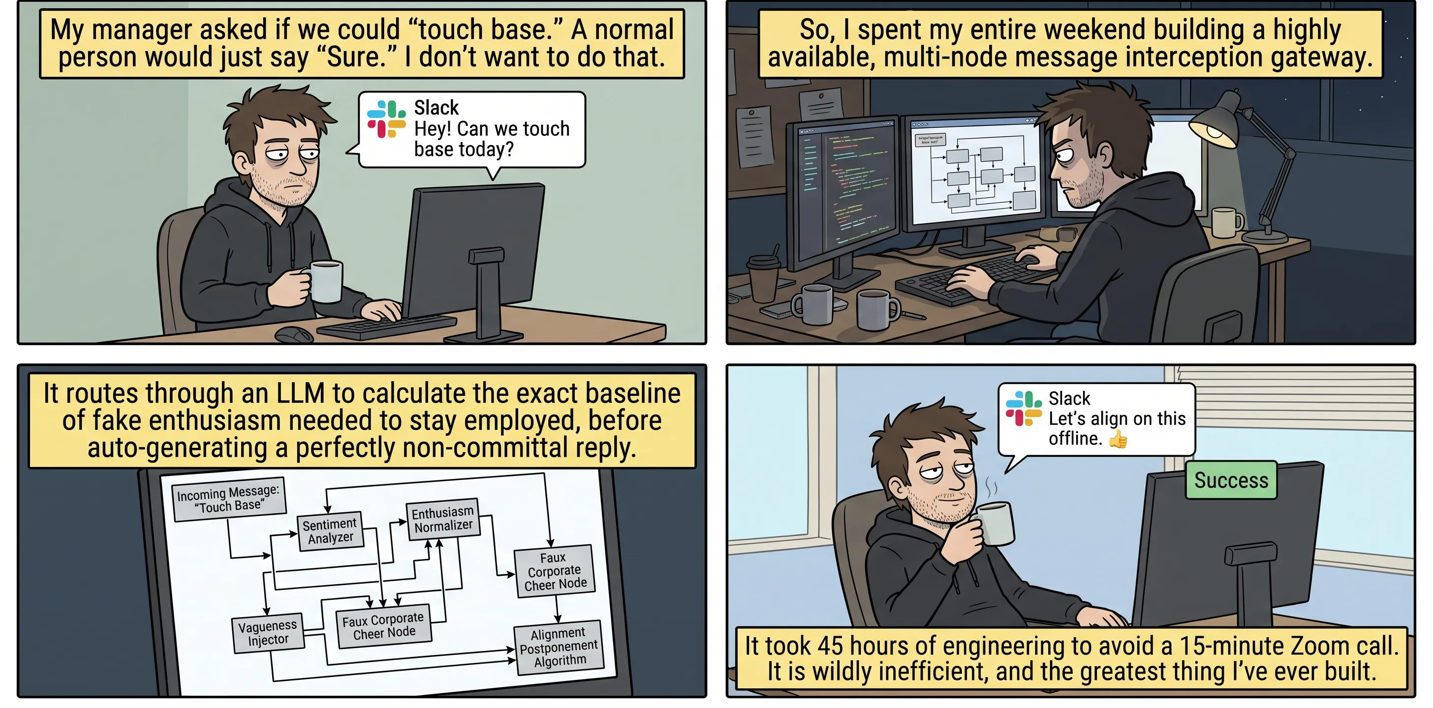 A four-panel webcomic titled Touch Base as a Service. A tired engineer gets a Slack message from his manager asking to touch base today. Instead of just replying Sure, he spends his whole weekend building a highly available message interception gateway whose tangled architecture diagram routes the message through a Sentiment Analyzer, Vagueness Injector, Enthusiasm Normalizer, Faux Corporate Cheer Node and Alignment Postponement Algorithm. In the final panel he calmly sips coffee as the system auto-replies Let's align on this offline with a thumbs-up and a green Success badge, reflecting that it took 45 hours of engineering to avoid a 15-minute Zoom call.